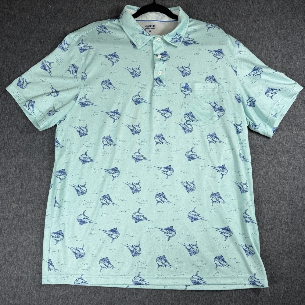 Izod Saltwater Short Sleeve Men's Shirt‎ Size XL Swordfish Pattern Blue Fishing
